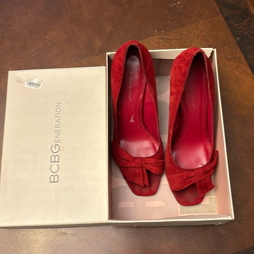 BCBG Red Suede Heels with Bow